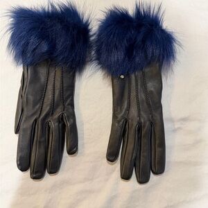 Elegant Black Leather Gloves with Blue Fur Trim